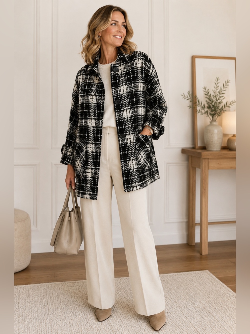 Rafaella Plaid Shacket Jacket L Black White Oversized Textured